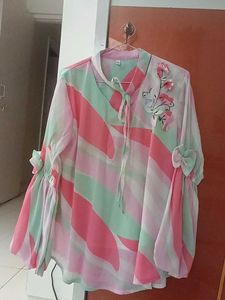 Sheer Striped Tie-Neck Blouse with Floral Applique