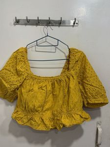 Yellow Eyelet Puff Sleeve Crop Top