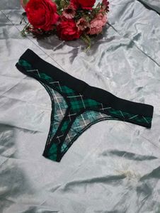 Green Plaid Thong with Rhinestone Detail