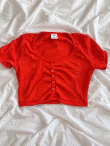 Red Ribbed Cropped Button-Up Top
