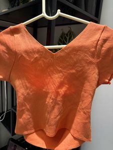 Orange V-Neck Short Sleeve Knit Top