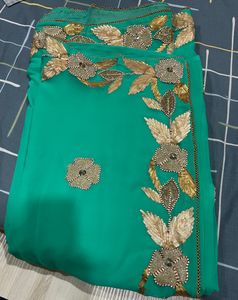 Chiffon Saree With Patch Work On Border And Center Stitched Blouse