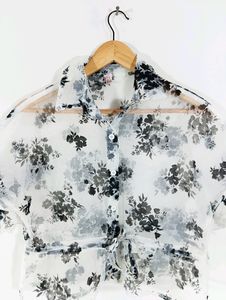 White Printed Transparent Casual Top (Women)