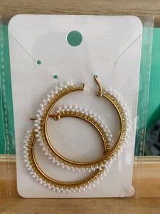 Gold Hoop Earrings with White Beads