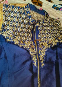 Elegant Blue Ethnic Gown with Gold Embellishment