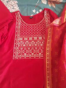 Red Kurta Set with White Embroidery