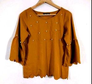 Brown Pearl Embellished Bell Sleeve Top