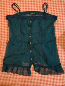Sheer Teal Lace Trim Camisole Top
