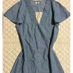 Blue Denim Mini Dress with Lace Trim