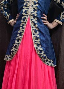 Pink Net Full Length Gown Blue Embroidery Coat