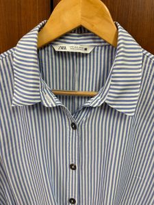 Blue Striped Tie-Front Shirt Dress