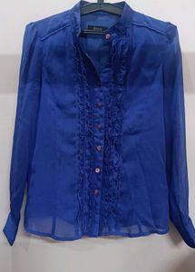 Blue Ruffled Button-Up shirt
