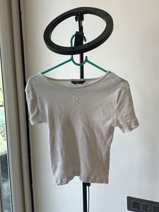 White Ribbed Cropped T-Shirt with Star Detail