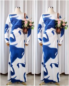 Elegant Off-Shoulder Blue &amp; White Maxi Gown
