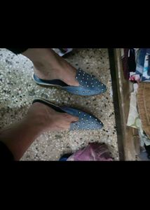 Studded Party Wear Blue Slip-On Flats In 39 Number