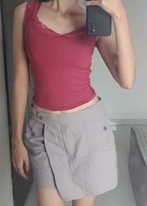Combo of Grey Cargo Skort and Red Cami Top