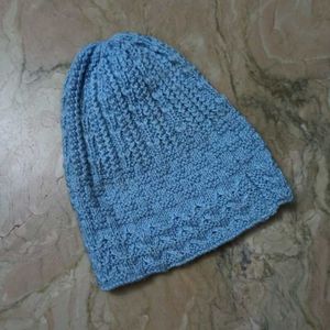 Hand-Knit Blue Beanie Cap