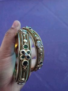 Exquisite Golden Bangles with Blue &amp; Black Stones