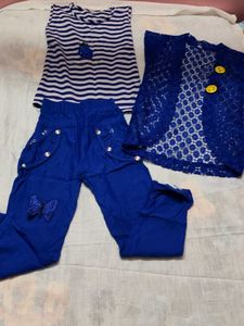 Girls Blue Striped Top, Jacket &amp; Pants Set
