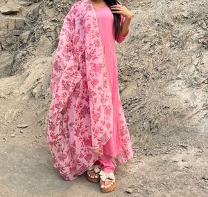 Pink Floral Kurta Set with Dupatta