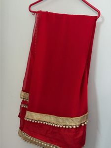 Elegant Red Saree with Pearl Detail-no blouse