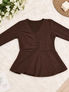 New Brown Ruched Peplum Top