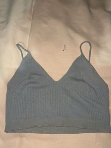 Blue Ribbed V-Neck Crop Top