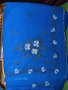 Vibrant Blue Saree with White & Gold Floral Print