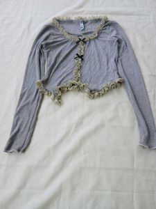 Gray Ruffle Trim Cardigan