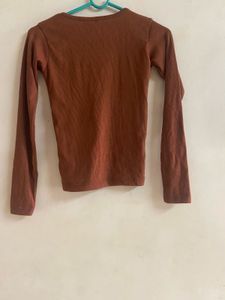 Brown Ribbed V-Neck Long Sleeve Top