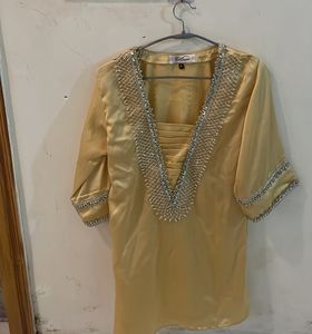 Beaded V-Neck Yellow Kurta