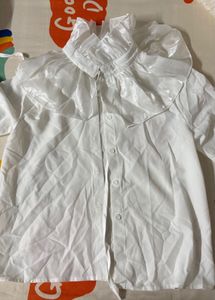 White Ruffled Neckline Long Sleeve Top