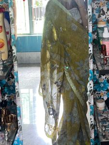Olive-Mustard Floral Grace Saree, Lightweight