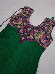 Green Anarkali Gown with Embellished Neckline