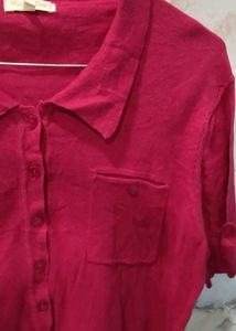 Red Button-Up Casual T-Shirt