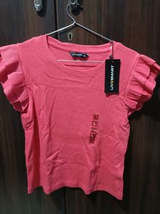 Women's Pink Ribbed Top with Ruffled Sleeves