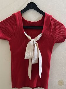 Red Ribbed Square Neck Top