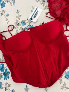 Red Off-Shoulder Corset Top with Tassels