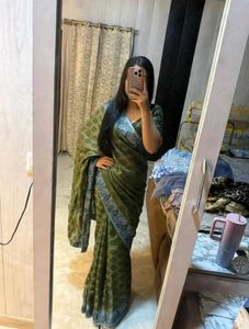 Beautiful Printed Olive Green Saree