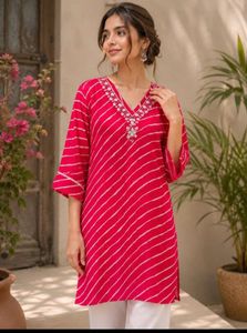 Vibrant Pink Striped Kurta with Embellished Neckli