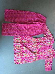 Vibrant Pink Leaf Print Kurta Set