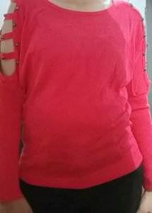 Red Cold Shoulder Sweater with Studs