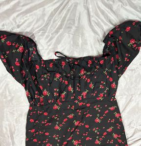 Floral Puff Sleeve Dress black &amp; red rose printed