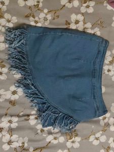 Denim Skirt with Fringe Detail