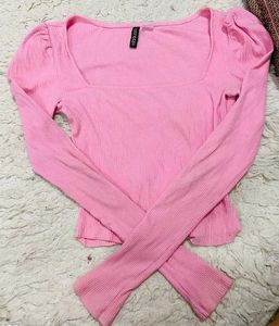 Pink Ribbed Puff Sleeve Top
