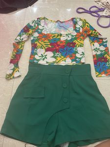 Vibrant Floral Crop Top & Green Skort Set