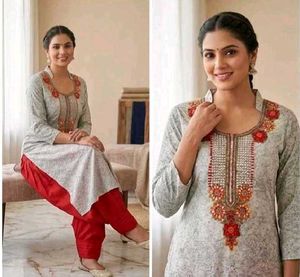 Embellished Kurta Set with Red Palazzo