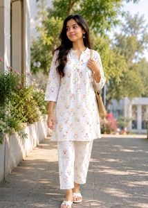 White Floral Print Kurta