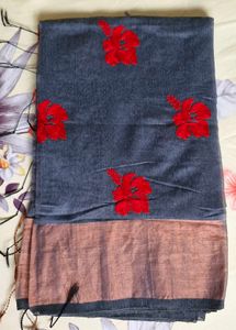 Elegant grey Saree with Red Floral Embroidery