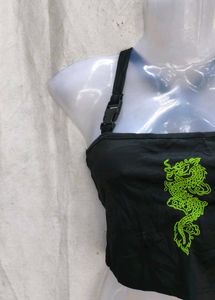Black Crop Top with Green Dragon Design